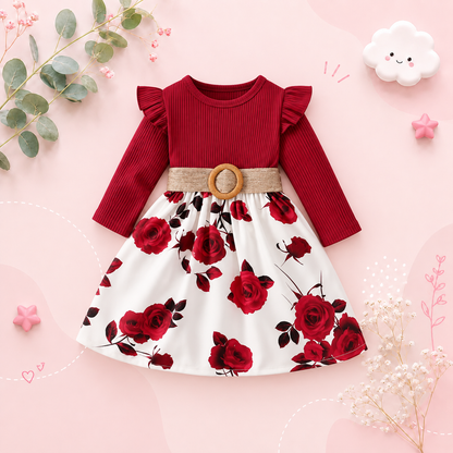 The Kiara - Baby Girl Red Long Sleeved Flower Skirt Dress
