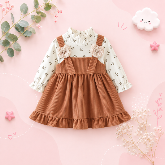 The Juliette - Baby Girl Long Sleeve Dress Floral Lovely Bear Corduroy Strap Style Dress