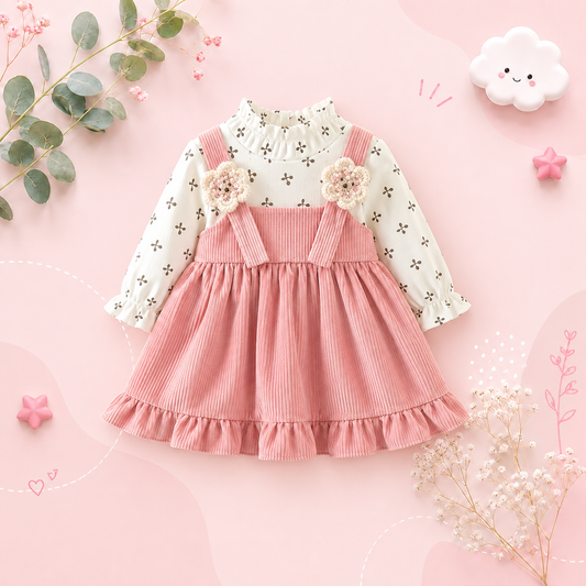 The Juliette - Baby Girl Long Sleeve Dress Floral Lovely Bear Corduroy Strap Style Dress