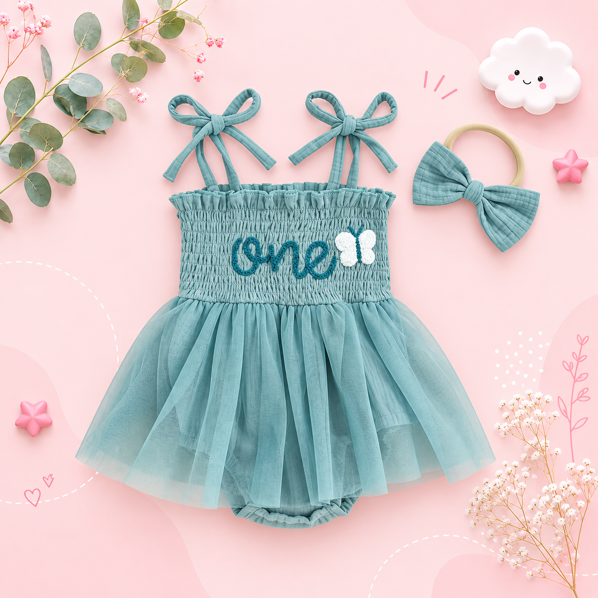 The Legacy - Baby Girl Sleeveless Suspender Dress & Bow Headband Birthday Outfit