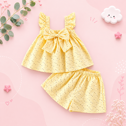 The Jade - Baby Girl Halter Bow Small Flying Sleeve Love Polka Dot Printed Pleated Shorts