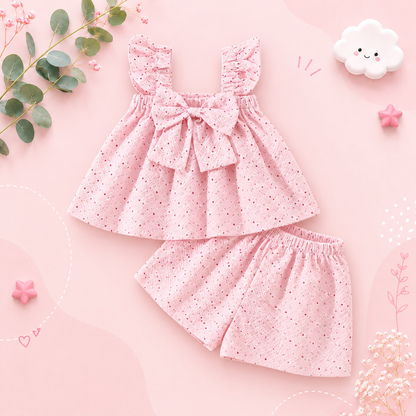 The Jade - Baby Girl Halter Bow Small Flying Sleeve Love Polka Dot Printed Pleated Shorts