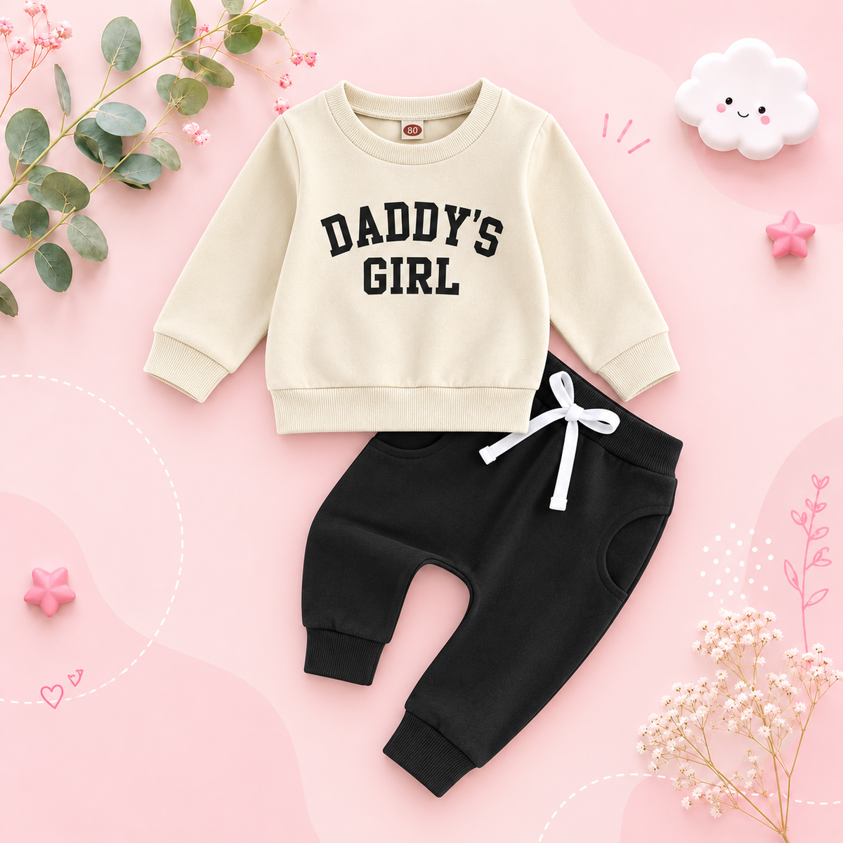 The Chloe - Baby Girl "Daddy's Girl" Letters Print Long Sleeve Sweatshirt Tops Elastic Waist + Pants