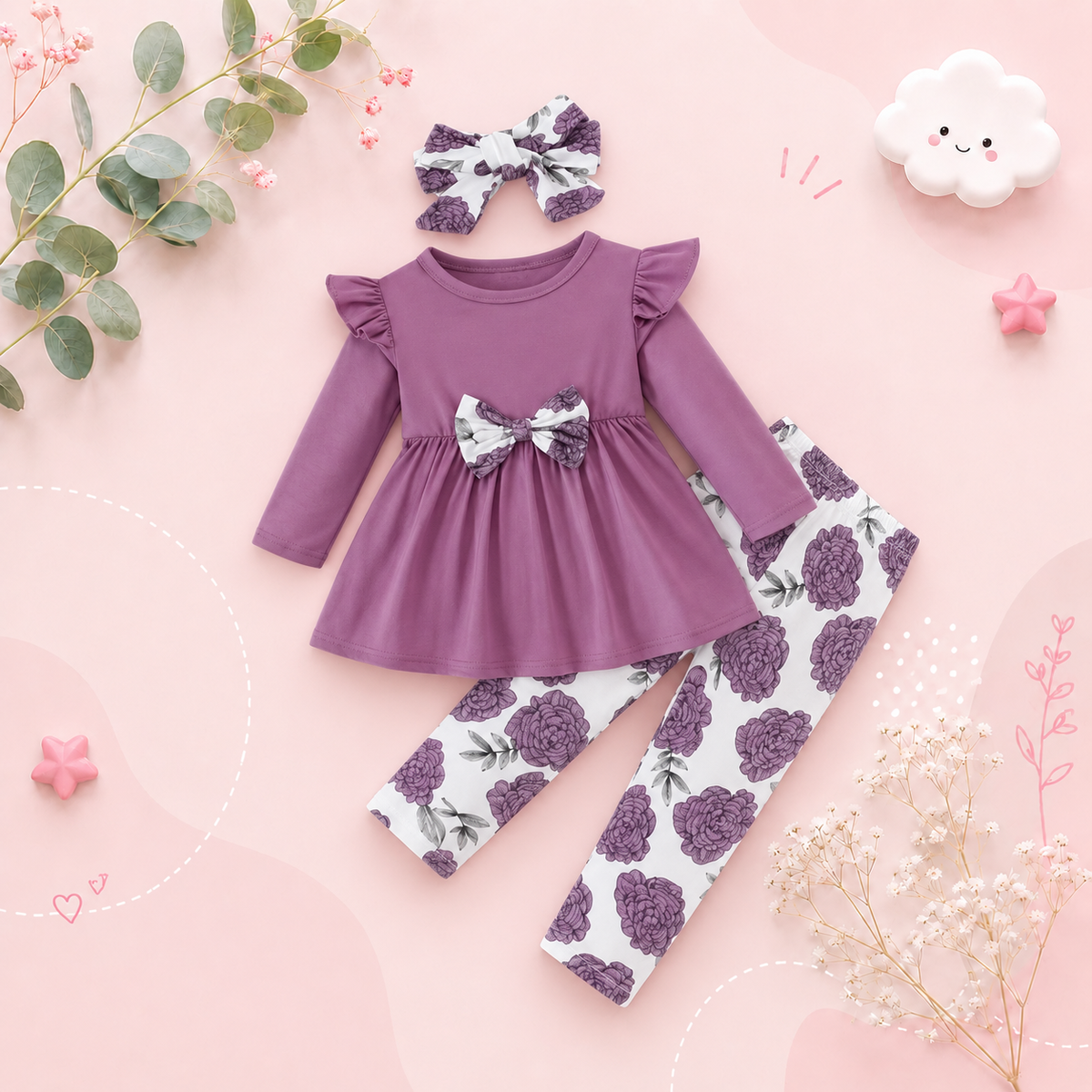 The Eden - Baby Girl Purple Short Sleeved Top + Floral Pants + Headband