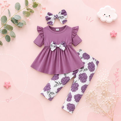 The Eden - Baby Girl Purple Short Sleeved Top + Floral Pants + Headband