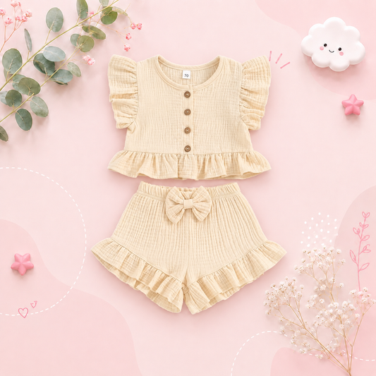 The Valentina - Baby Girl Solid Colour Ruffle Button Tops + Shorts