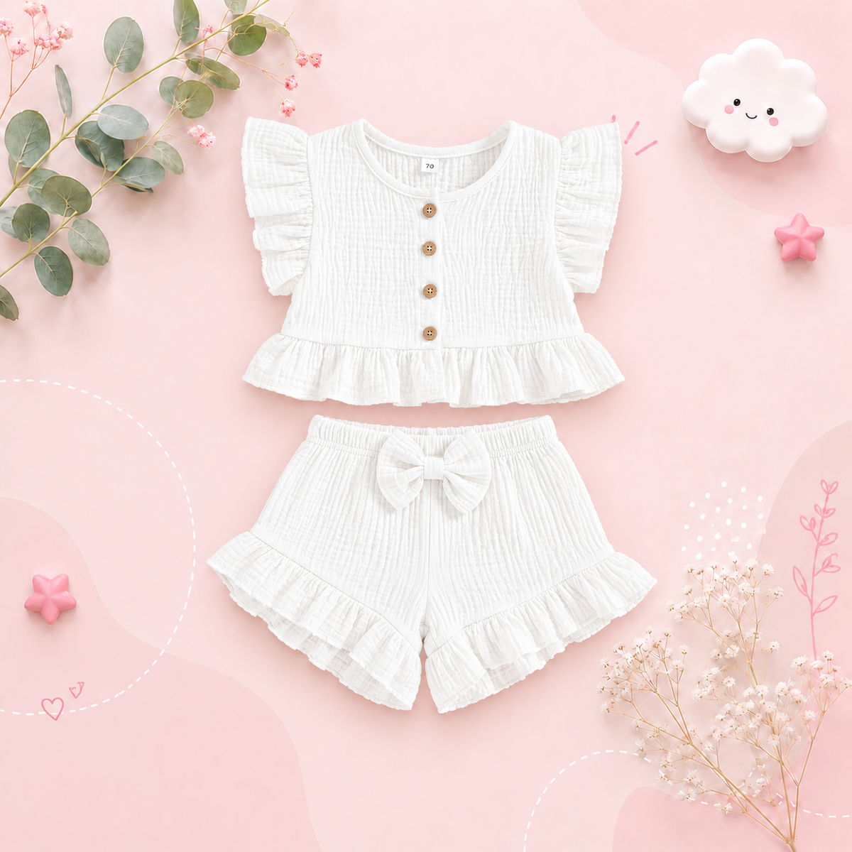 The Valentina - Baby Girl Solid Colour Ruffle Button Tops + Shorts
