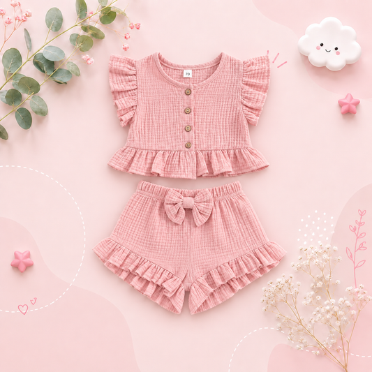 The Valentina - Baby Girl Solid Colour Ruffle Button Tops + Shorts