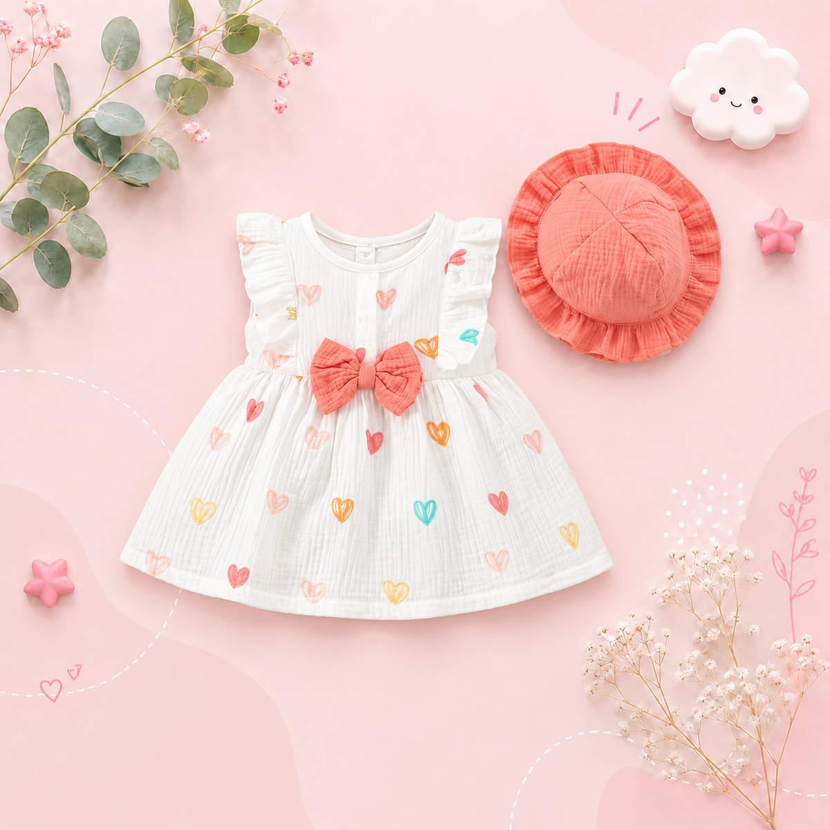 The Ariah - Baby Girl 2PCS Cotton Love Print Dress & Hat Summer Outfit