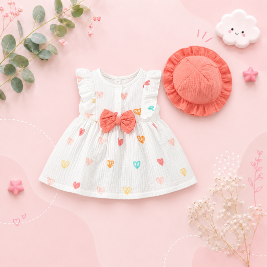 The Ariah - Baby Girl 2PCS Cotton Love Print Dress & Hat Summer Outfit