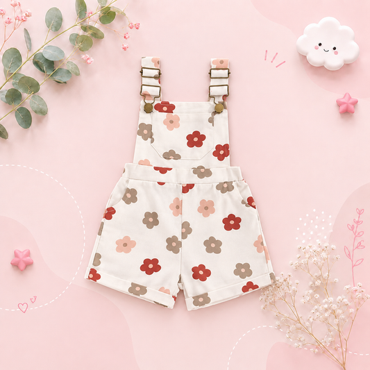 The Alina - Baby Girl Strawberry/Flower Print Denim Sleeveless Straps Buttons Pockets Overalls