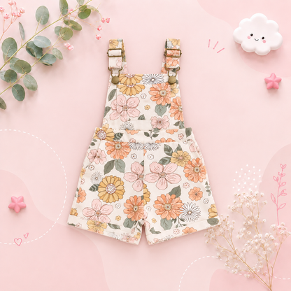 The Alina - Baby Girl Strawberry/Flower Print Denim Sleeveless Straps Buttons Pockets Overalls