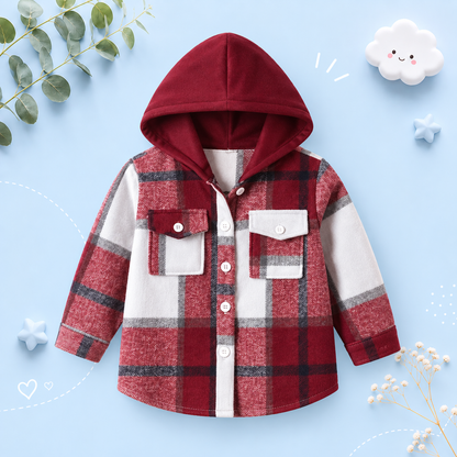 The Francis - Baby Boy Red Hooded Plaid Long Sleeved Shirt Button Casual Tops
