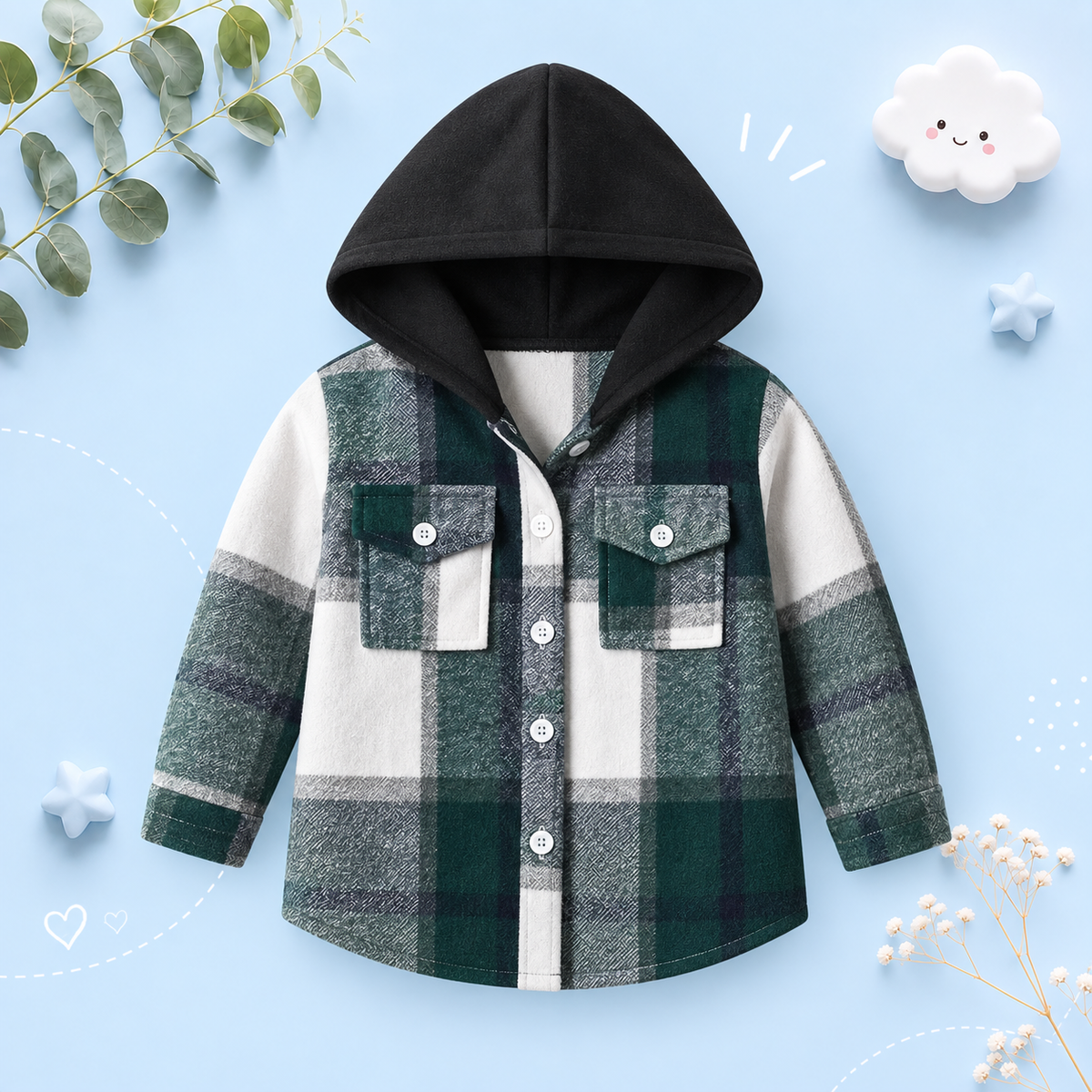 The Francis - Baby Boy Black Hooded Plaid Long Sleeved Shirt Button Casual Tops