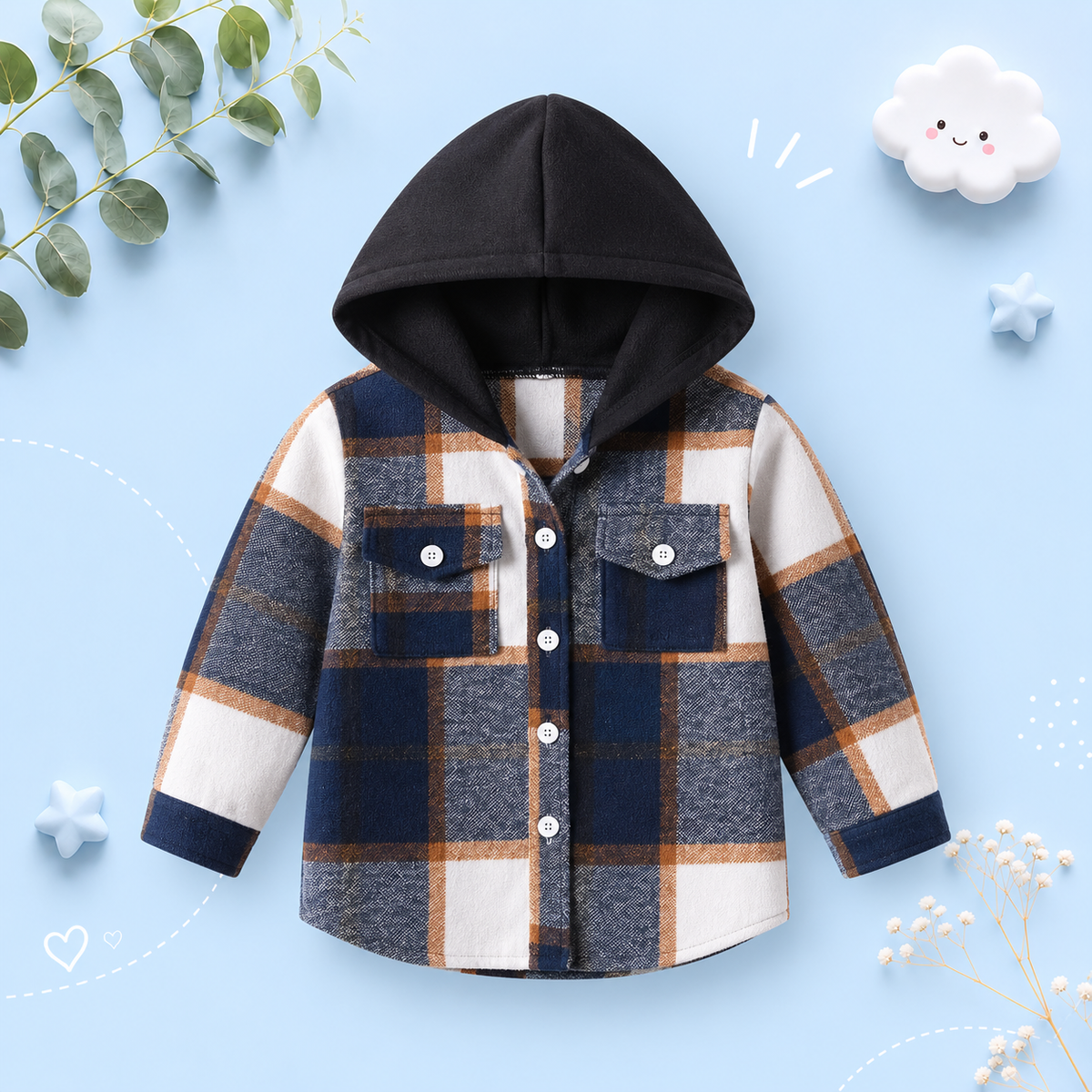 The Francis - Baby Boy Black & Orange Hooded Plaid Long Sleeved Shirt Button Casual Tops