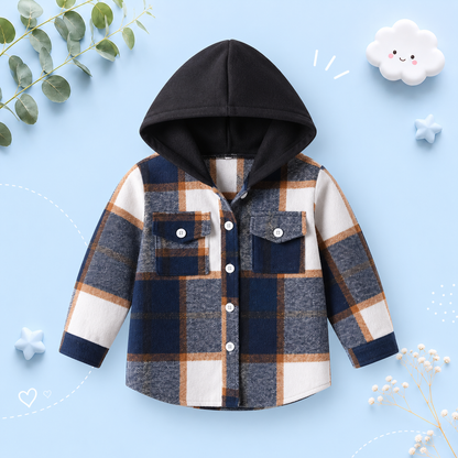 The Francis - Baby Boy Black & Orange Hooded Plaid Long Sleeved Shirt Button Casual Tops