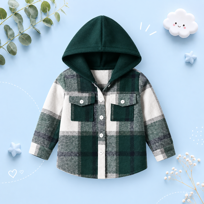 The Francis - Baby Boy Dark GReen Hooded Plaid Long Sleeved Shirt Button Casual Tops