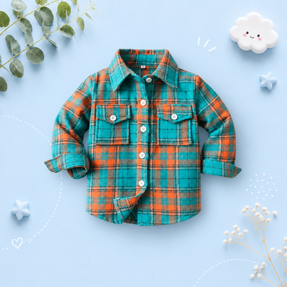 The Francis - Baby Boy Light Green & Orange Plaid Long Sleeved Shirt Button Casual Tops