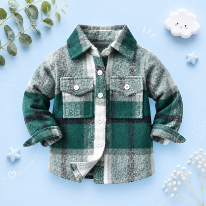 The Francis - Baby Boy Light Gray & Green Plaid Long Sleeved Shirt Button Casual Tops