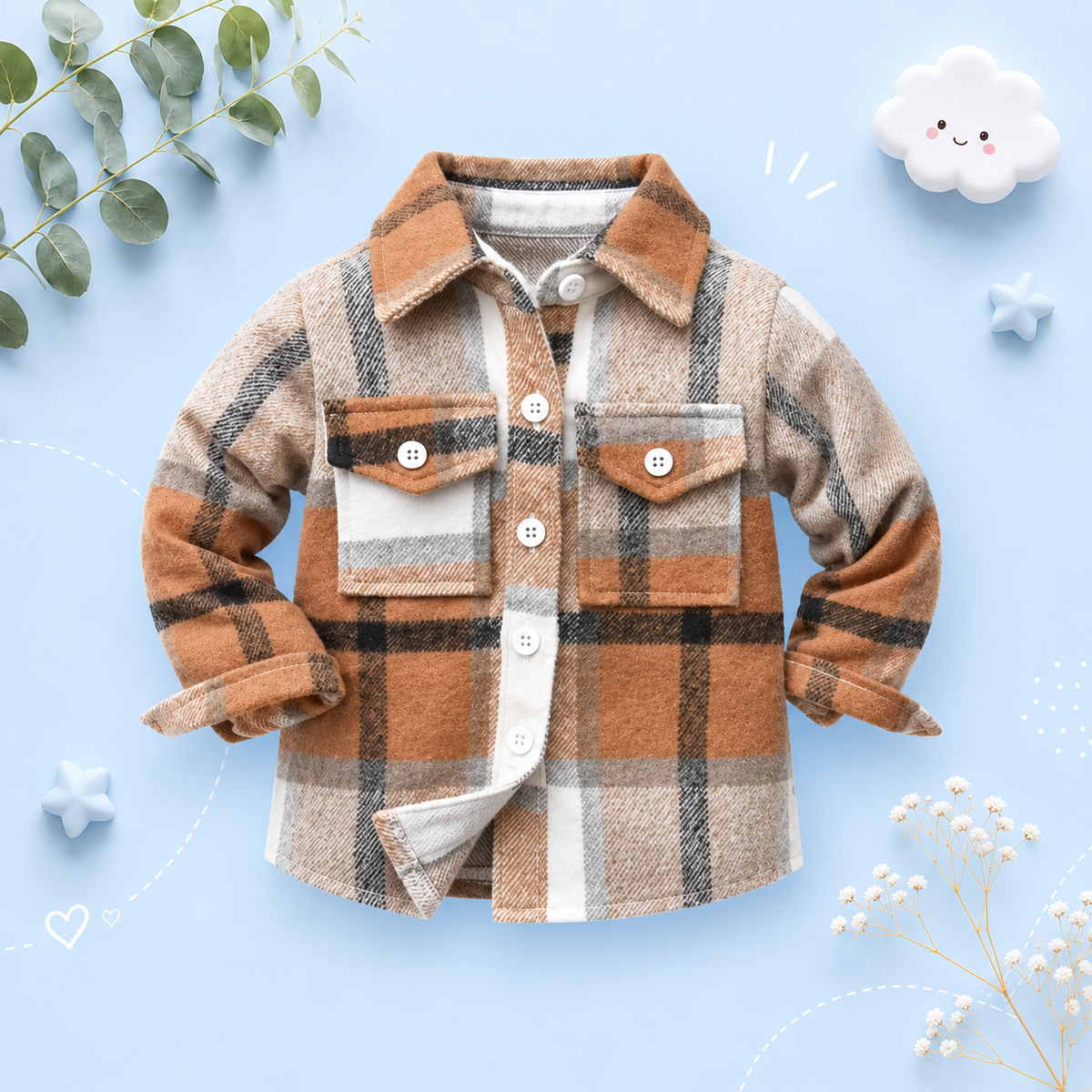 The Francis - Baby Boy Brown & White Plaid Long Sleeved Shirt Button Casual Tops