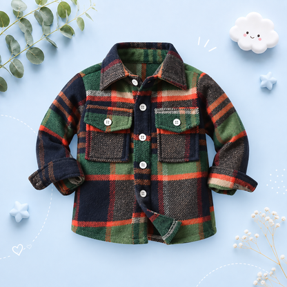 The Francis - Baby Boy Green Black & Orange Plaid Long Sleeved Shirt Button Casual Tops
