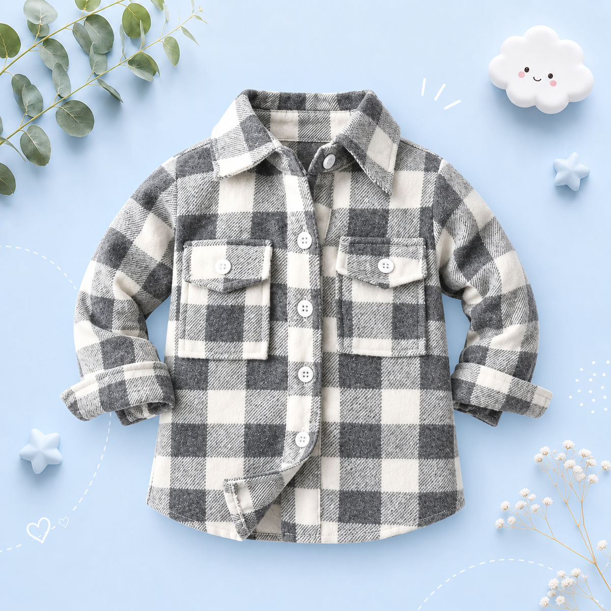 The Francis - Baby Boy Light Gray & White Plaid Long Sleeved Shirt Button Casual Tops