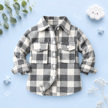 The Francis - Baby Boy Light Gray & White Plaid Long Sleeved Shirt Button Casual Tops