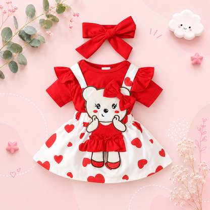 The Alejandra - Baby Girl Cartoon Bear Heart Dress with Red Bodysuit Summer Outfit