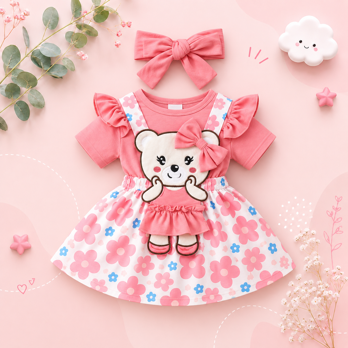 The Alejandra - Baby Girl Cartoon Bear Heart Dress with Red Bodysuit Summer Outfit