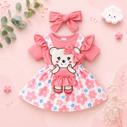 The Alejandra - Baby Girl Cartoon Bear Heart Dress with Red Bodysuit Summer Outfit