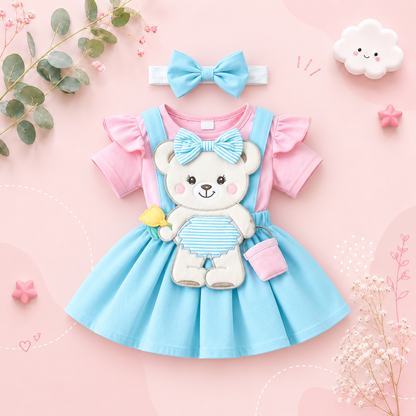 The Alejandra - Baby Girl Cartoon Bear Heart Dress with Red Bodysuit Summer Outfit