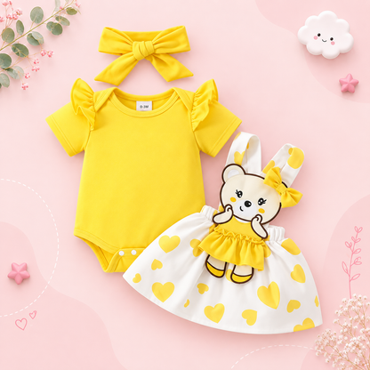 The Alejandra - Baby Girl Cartoon Bear Heart Dress with Red Bodysuit Summer Outfit