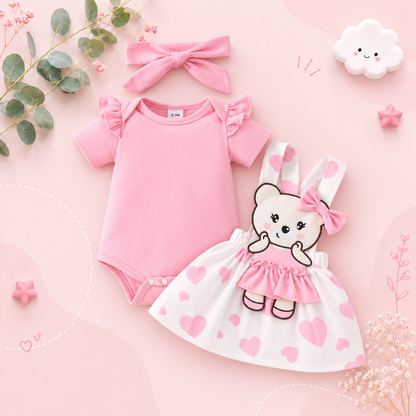 The Alejandra - Baby Girl Cartoon Bear Heart Dress with Red Bodysuit Summer Outfit