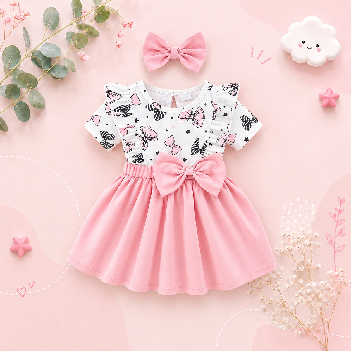 The Imani - Baby Girl Cartoon Bow Dress & Headband Pleated Summer Outfit 2PCS Set