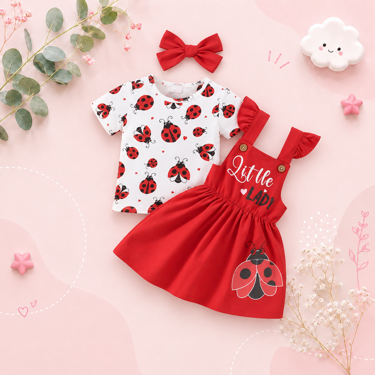 The Mina - Baby Girl 3PCS Ladybug Outfit T-Shirt Suspender Skirt Headband Set