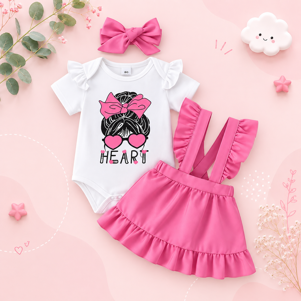 The Tiana - Newborn Baby Girl Heart Print Outfit Dress and Headband Set 3PCS
