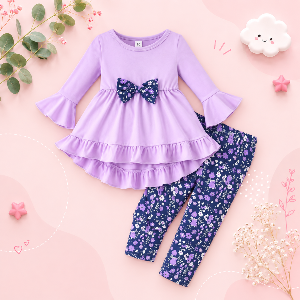 The Alisson - Baby Girl Light Purple Floral Flared Sleeve Set, Sweet Autumn Outfit