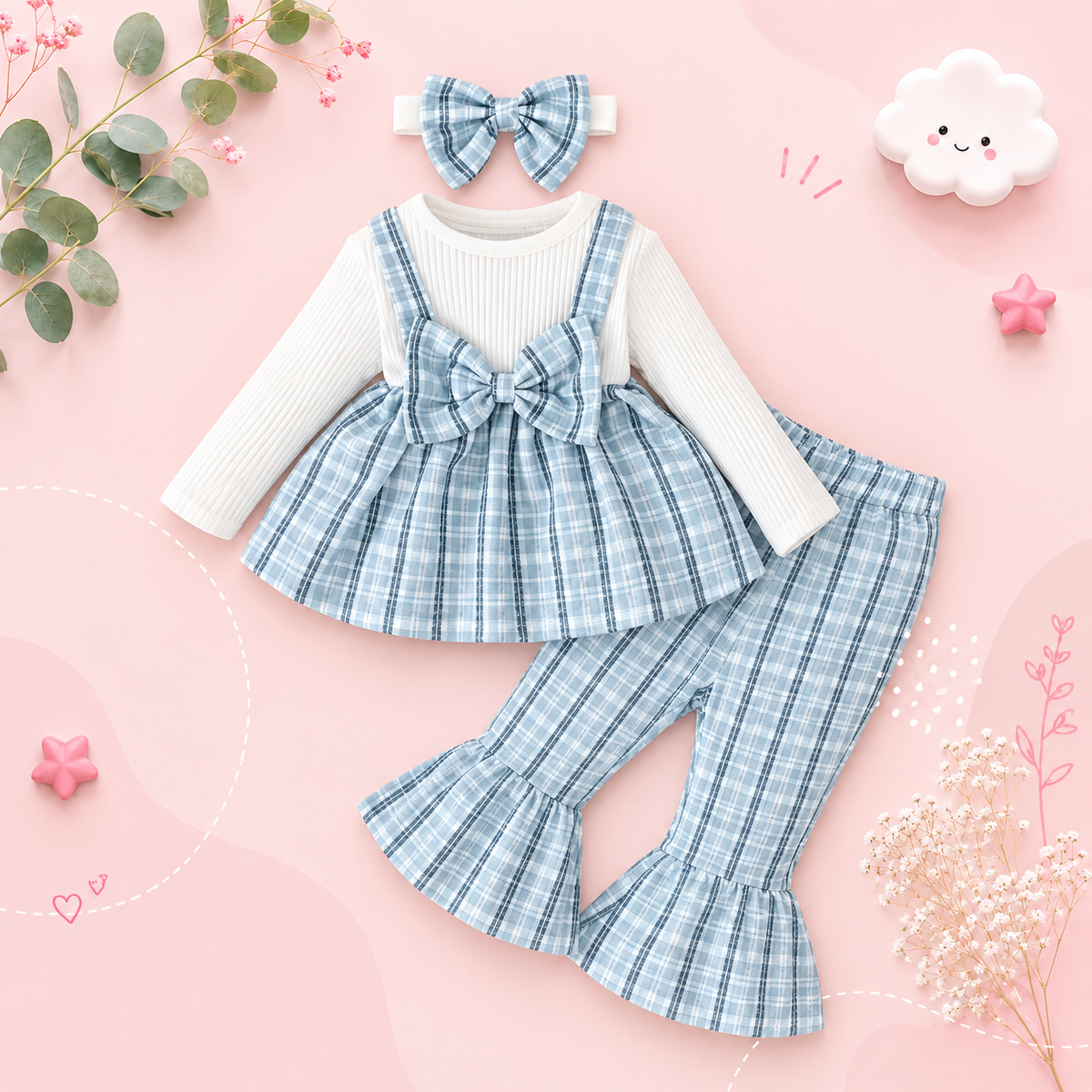 The Jovie - Baby Girl Romantic Blue Checkered Set: Long Sleeve Top, Pants & Headband