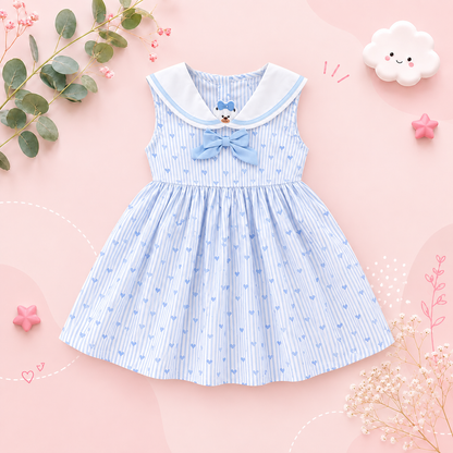 The Madelynn - Baby Girl Sleeveless Striped Heart Print Dress 100% Cotton Bow Collar Outfit