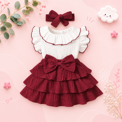 The April - Baby Girl Red Wine Dress with White 3‑Layer Cupcake Skirt