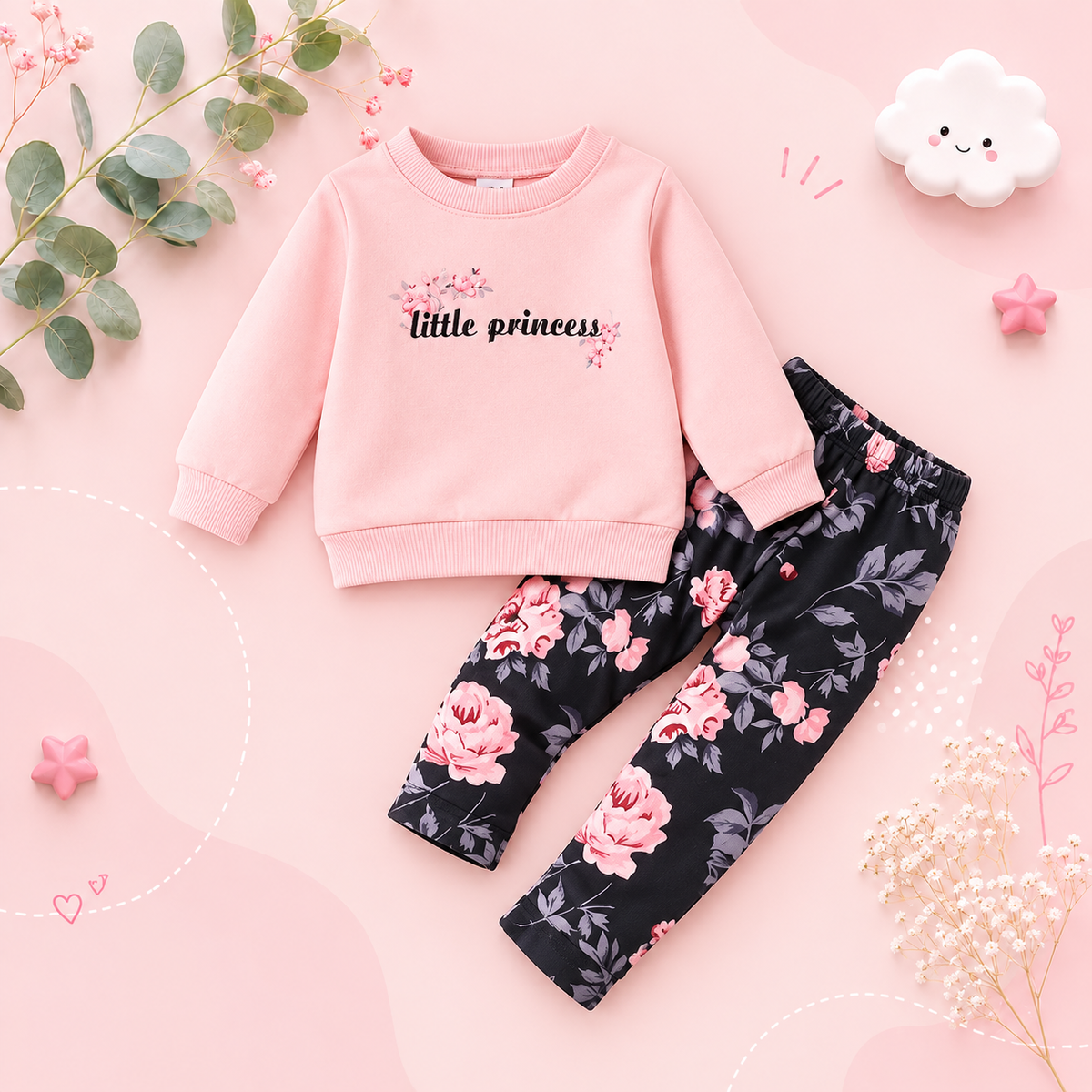 The Mae -  Baby Girl Pink Letter Pullover & Floral Slim Pants Spring Autumn Fashion 2Pcs