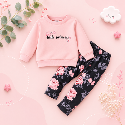The Mae -  Baby Girl Pink Letter Pullover & Floral Slim Pants Spring Autumn Fashion 2Pcs