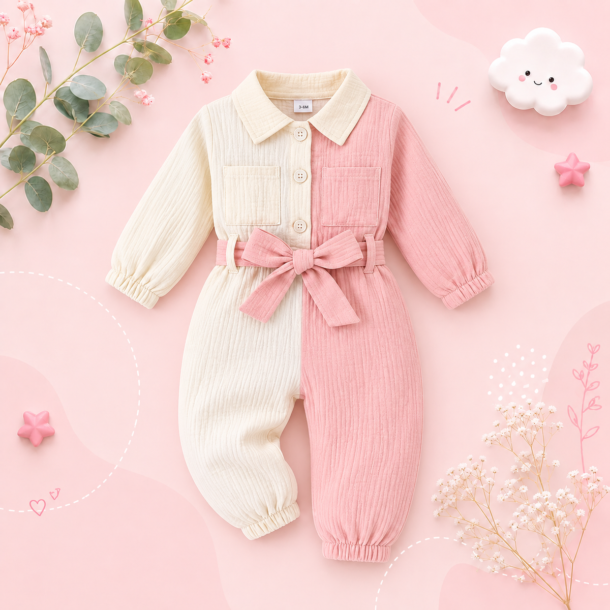 The Nylah - Baby Girl Color Block Long Sleeve Jumpsuit with Lapel Collar, Button Front Closure, Waist Bow Tie & Patch Pockets