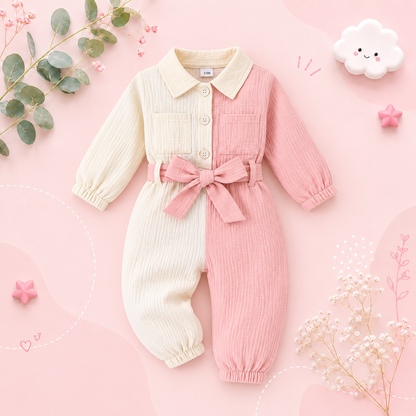 The Nylah - Baby Girl Color Block Long Sleeve Jumpsuit with Lapel Collar, Button Front Closure, Waist Bow Tie & Patch Pockets