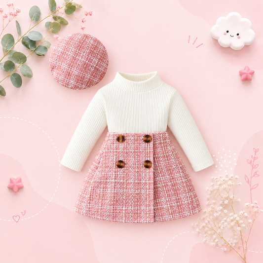 The Mariam - Baby Girl Knit Long Sleeve Top Plaid Skirt Hat Set Toddler Fall Spring Outfit