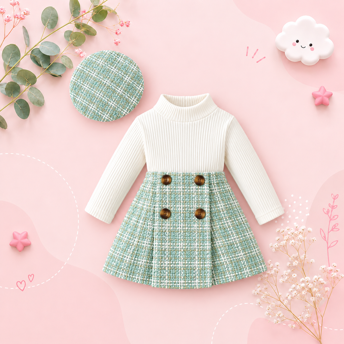 The Mariam - Baby Girl Knit Long Sleeve Top Plaid Skirt Hat Set Toddler Fall Spring Outfit