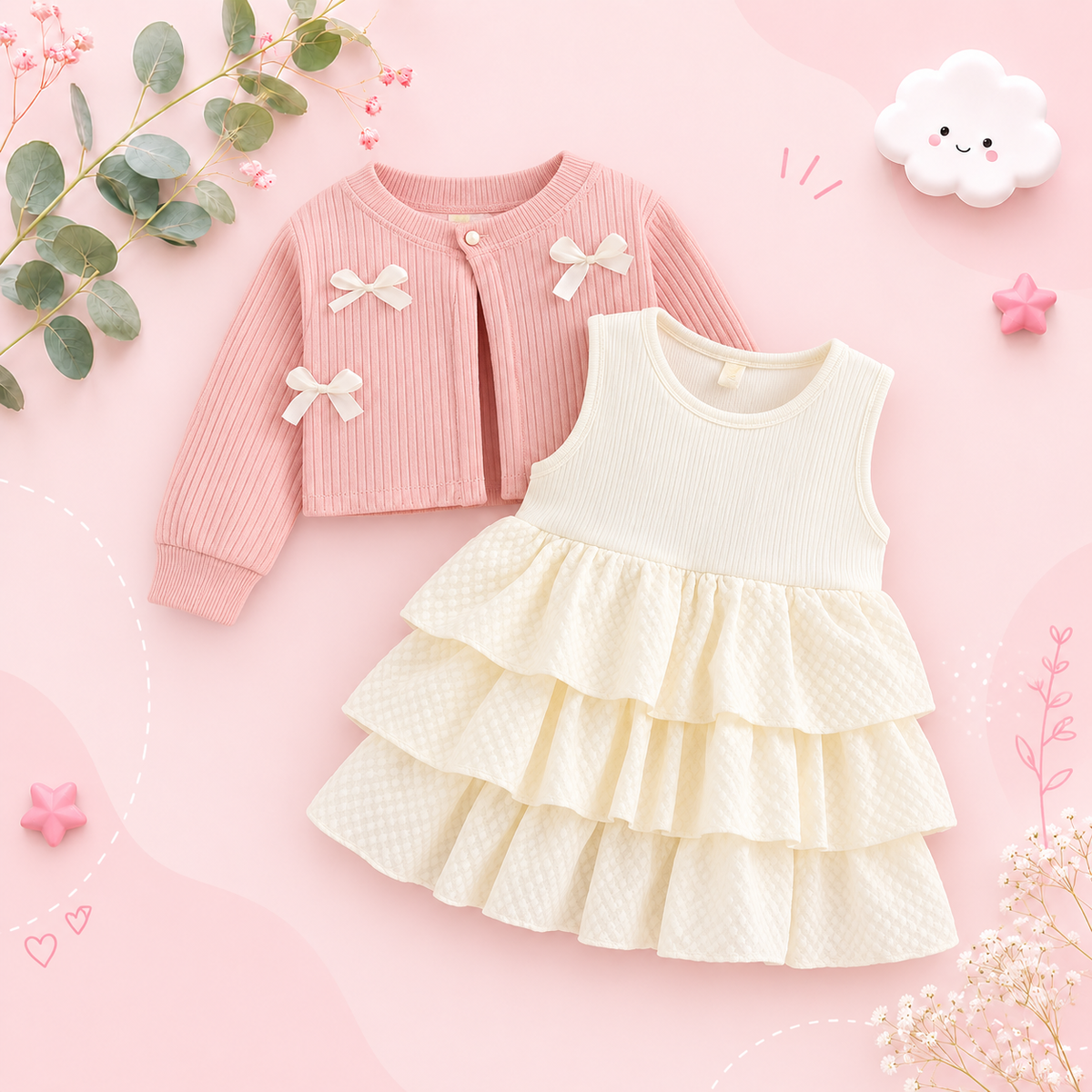 The Alexandria - Baby Girl Pink Bow Knit Red Coat with Sleeveless Cake Dress