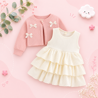 The Alexandria - Baby Girl Pink Bow Knit Red Coat with Sleeveless Cake Dress