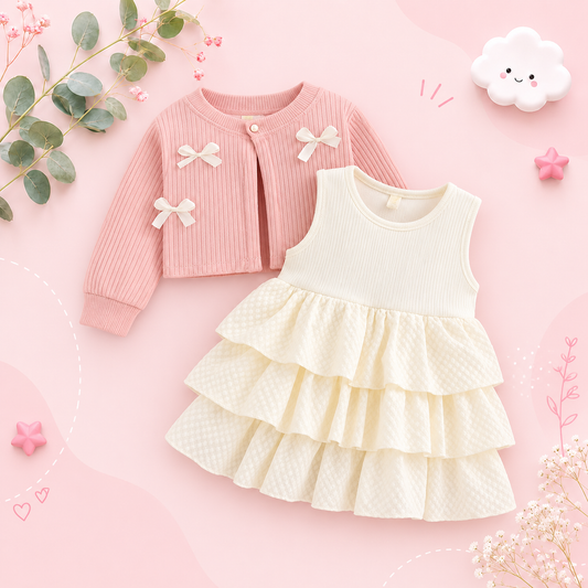 The Alexandria - Baby Girl Pink Bow Knit Red Coat with Sleeveless Cake Dress
