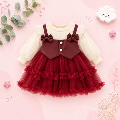 The Daniella - Baby Girl Red Solid Color Chiffon Princess Dress + Sweet Bow